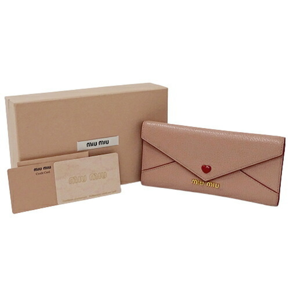 Miu MIUMIU Wallet Women's Long Leather Madras Love Pink 5MH013 Letter Heart - Picture 6 of 12